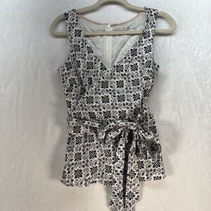 Boden Floral Linen Blend Vneck Wrap Top Women’s Sz 6 Black White Classic